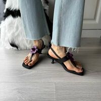  Black Handmade Flower Flip-Toe Stiletto Leather Sandals - Thumbnail 5