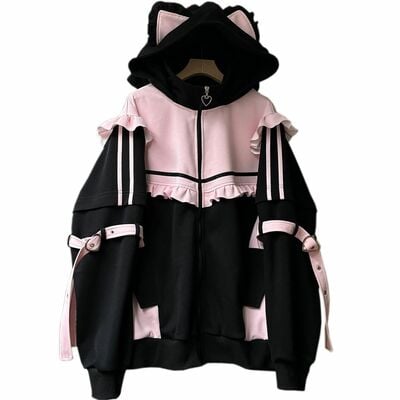 2d contrast color stitching long-sleeved ruffled hooded jacket + leg cover set