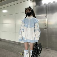 2D contrast color stitching long-sleeved ruffled hooded jacket + leg cover set - Thumbnail 2