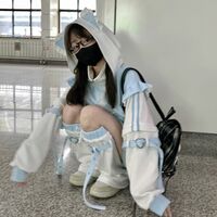 2D contrast color stitching long-sleeved ruffled hooded jacket + leg cover set - Thumbnail 3