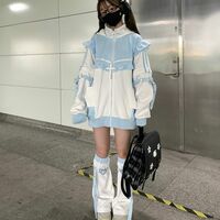 2D contrast color stitching long-sleeved ruffled hooded jacket + leg cover set - Thumbnail 7