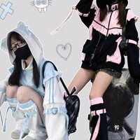 2D contrast color stitching long-sleeved ruffled hooded jacket + leg cover set - Thumbnail 8