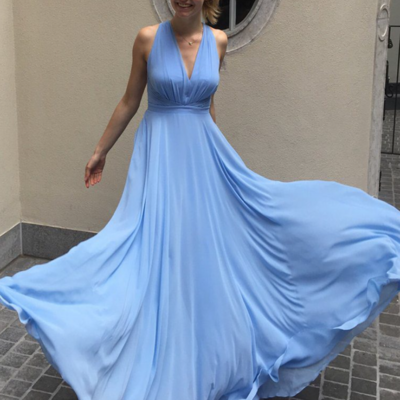 Charming light blue v-neck chiffon evening dress - Thumbnail 1