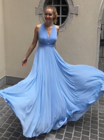 Charming Light Blue V-neck Chiffon Evening Dress