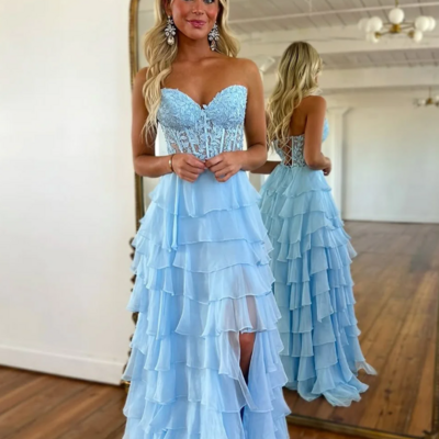 Sweetheart a line tiered chiffon long prom dress with slit  - Thumbnail 1