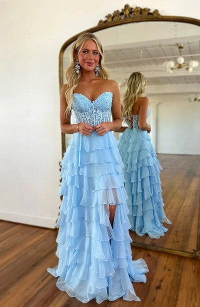 Sweetheart A Line Tiered Chiffon Long Prom Dress with Slit 