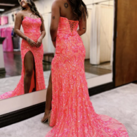 Mermaid Strapless Coral Sequin Lace Long Prom Dresses For Women - Thumbnail 1
