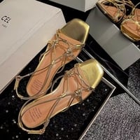 Gold Square Toe Flat Heel Braided Strap Sandals - Thumbnail 3