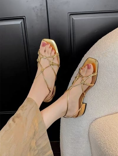 Gold Square Toe Flat Heel Braided Strap Sandals