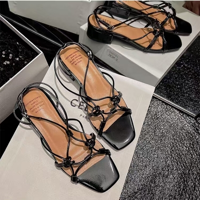 Gold square toe flat heel braided strap sandals