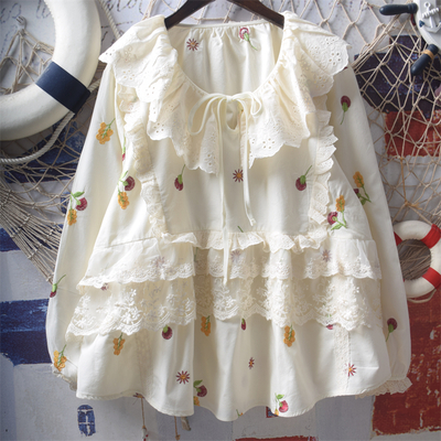 Heavy graffiti embroidery flower lace tie bow blouses