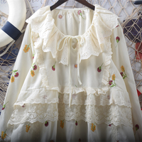 Heavy graffiti embroidery flower lace tie bow blouses - Thumbnail 3