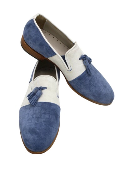 Crafted Leather Classic White Blue Crocodile Tassel Loafer Mens Shoes