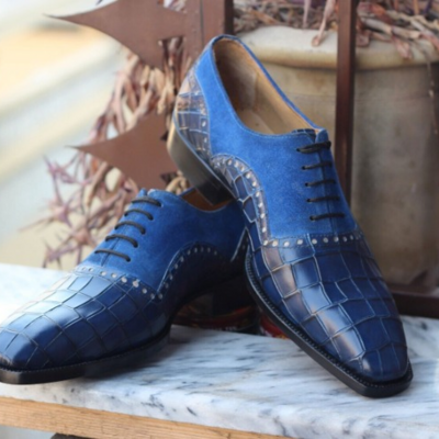 Crafted leather classic and luxury blue suede crocodile/alligator oxford lace up dress shoes - Thumbnail 1