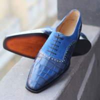 Crafted Leather Classic and Luxury Blue Suede Crocodile/Alligator Oxford Lace up Dress Shoes - Thumbnail 1
