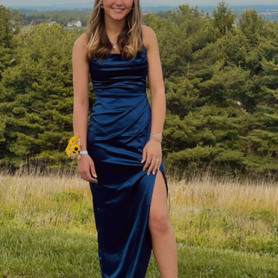 Spaghetti straps navy blue satin pleated slit prom dresses