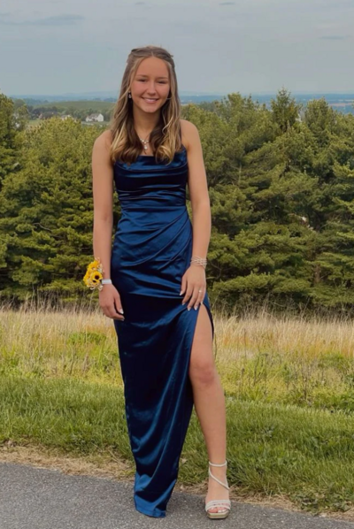 Spaghetti Straps Navy Blue Satin Pleated Slit Prom Dresses