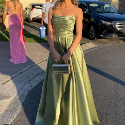 Strapless sage green satin pleated a-line prom dresses