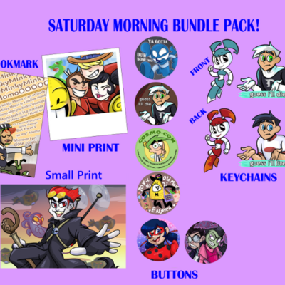 Saturday morning cartoon bundle (charms, buttons, prints, bookmark)