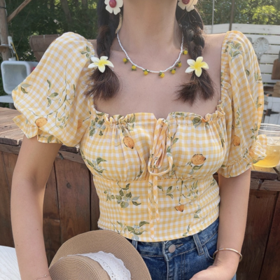 Retro floral print tie bow sexy two-way puff sleeve shirt