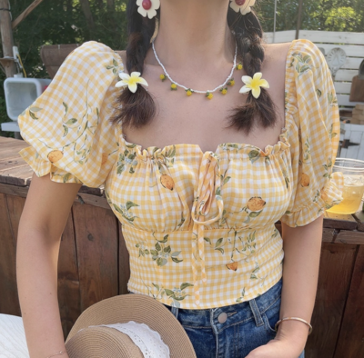 Retro floral print tie bow sexy two-way puff sleeve shirt