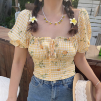 Retro floral print tie bow sexy two-way puff sleeve shirt - Thumbnail 1