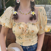 Retro floral print tie bow sexy two-way puff sleeve shirt - Thumbnail 3