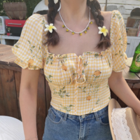 Retro floral print tie bow sexy two-way puff sleeve shirt - Thumbnail 4