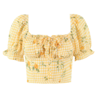 Retro floral print tie bow sexy two-way puff sleeve shirt - Thumbnail 5