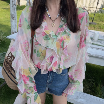 Fashion floral print layered long sleeve shirt