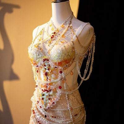Pink champagne rhinestone beading gorgeous stage costumes
