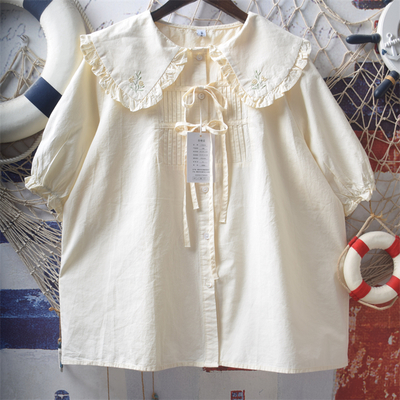 Ruffled baby collar shirt with bow, loose pure cotton top