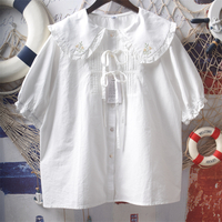 Ruffled baby collar shirt with bow, loose pure cotton top - Thumbnail 1