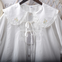 Ruffled baby collar shirt with bow, loose pure cotton top - Thumbnail 2