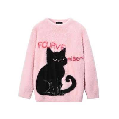 Black cat round-neck loose mohair sweater