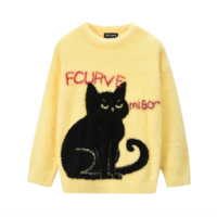 Black cat round-neck loose mohair sweater - Thumbnail 2