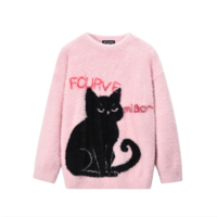 Black cat round-neck loose mohair sweater - Thumbnail 3