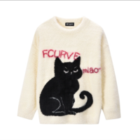 Black cat round-neck loose mohair sweater - Thumbnail 4