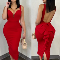 Solid Color Backless Ruffle Edge Splicing V-Neck Slim Dress - Thumbnail 1