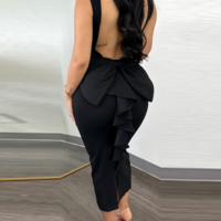 Solid Color Backless Ruffle Edge Splicing V-Neck Slim Dress - Thumbnail 2