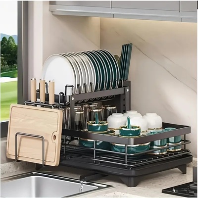 Double tier large metal cutlery rack – carbon steel kitchen organizer with knife, fork, cup holders & draining board