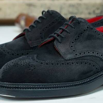 Handmade black suede formal lace up wingtip dress formal wear shoes