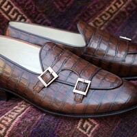 Crafted Leather Classic Brown Crocodile Leather Alligator Loafers Double Monk Strap Dress Shoes - Thumbnail 1