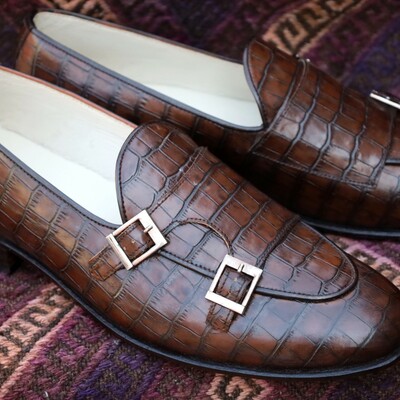 Crafted leather classic brown crocodile leather alligator loafers double monk strap dress shoes - Thumbnail 2