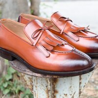 Crafted Leather Handmade Men Classic Brown Fringes Tassel Loafers Dress Shoes - Thumbnail 1