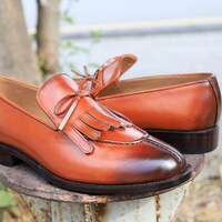 Crafted Leather Handmade Men Classic Brown Fringes Tassel Loafers Dress Shoes - Thumbnail 2