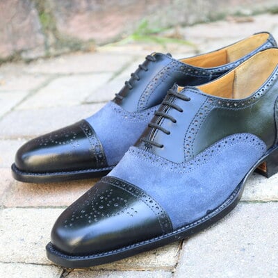 Crafted leather handmade men classic black leather blue suede oxford lace up dress shoes