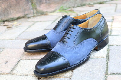 Crafted Leather Handmade Men Classic Black Leather Blue Suede Oxford Lace up Dress Shoes