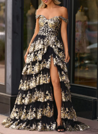 Sparkly Off The Shoulder Black Tulle Slit Prom Dress With Lace Appliques 