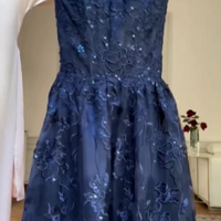 Elegant Navy Blue A Line Lace Appliques Prom Dress - Thumbnail 1